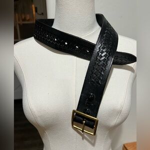Black Braided Leather Belt with Brass Buckle